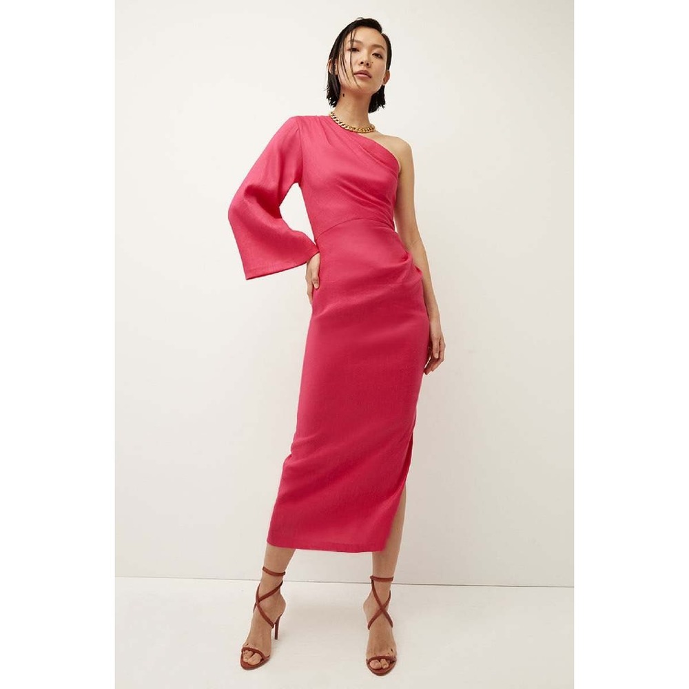 NWT Veronica‎ Beard Patsy Dress Sz 2 Fuchsia One Shoulder Ruched Linen Midi Chic